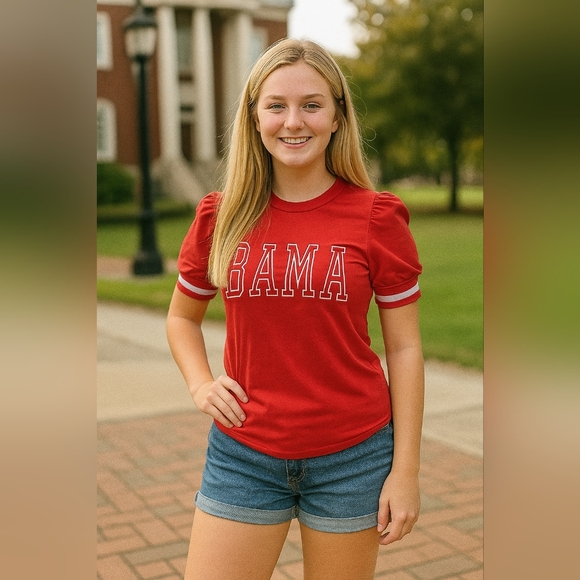 BAMA Puff Sleeve Ringer Tee S Red Alabama Crimson Tide Embroidered Puff Sleeve - Picture 1 of 6